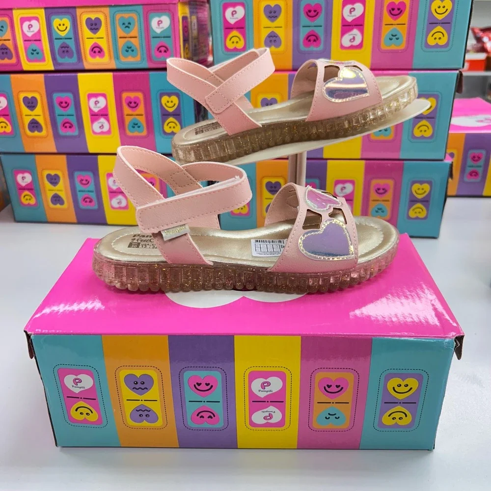 Pampili FeetCare Pink Iridescent Heart Sandals Glitter Sole Kids Size 13 US